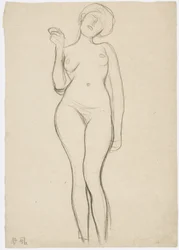 Stehender Frauenakt von vorne mit erhobenem rechtem Arm